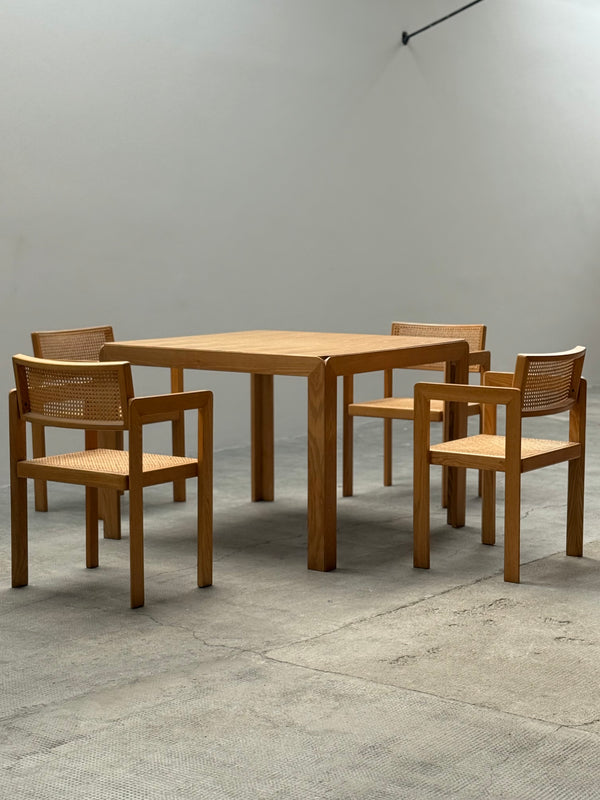 DERK JAN DE VRIES FOR MAISA DE SEVESO DINING TABLE & 4 CHAIRS SET ASH WOOD RATTAN, ITALY 1970S