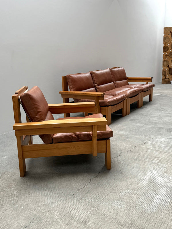 MODULAR ARMCHAIR SOFA SET SOLID PINE COGNAC LEATHER, SCANDINAVIA 1970s