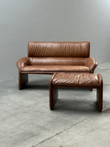 COGNAC LEATHER SEATING GROUP ARMCHAIR SOFA OTTOMAN IM THE STYLE OF DE SEDE, 1980s