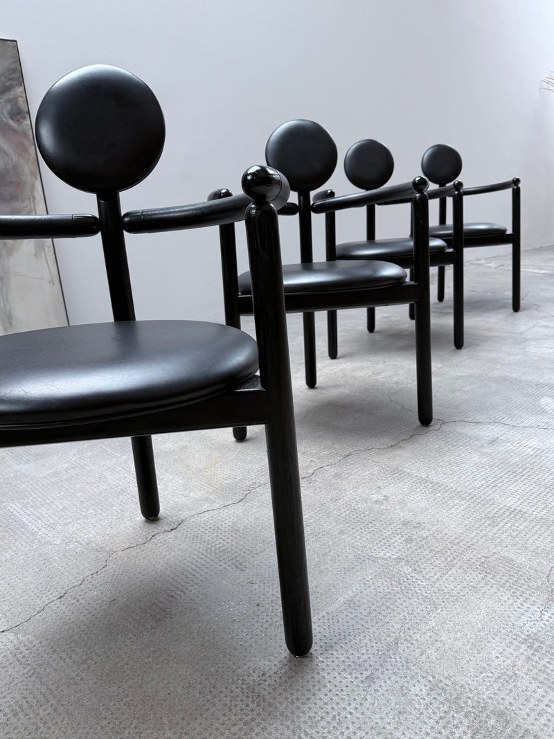 4 VICO MAGISTRETTI „PAN“ CHAIRS FOR ROSENTHAL ASH WOOD & BLACK LEATHER, 1980s
