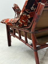 SET OF 2 BAMBOO CHAIRS WITH FLORAL PATTERN & COFFEE TABLE, ITALY 1970s