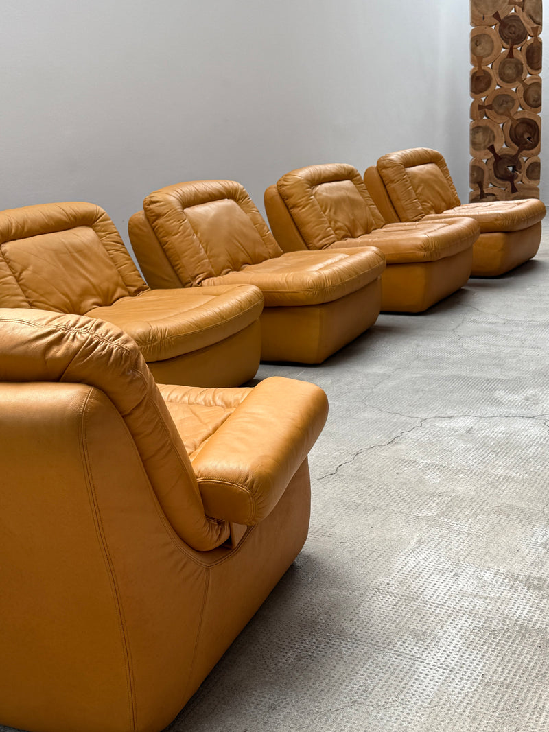 DREIPUNKT MODULAR SECTIONAL SOFA ARMCHAIRS LEATHER YELLOW, GERMANY 1970s