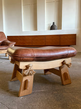 MAISON REGAIN ARMCHAIR, 2-SEATER & OTTOMAN SET LEATHER OAK WOOD, FRANCE 1960s