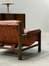 SEATING GROUP - ARMCHAIR & 2 SOFAS LEATHER, OAK WOOD, BRAZIL 1970s