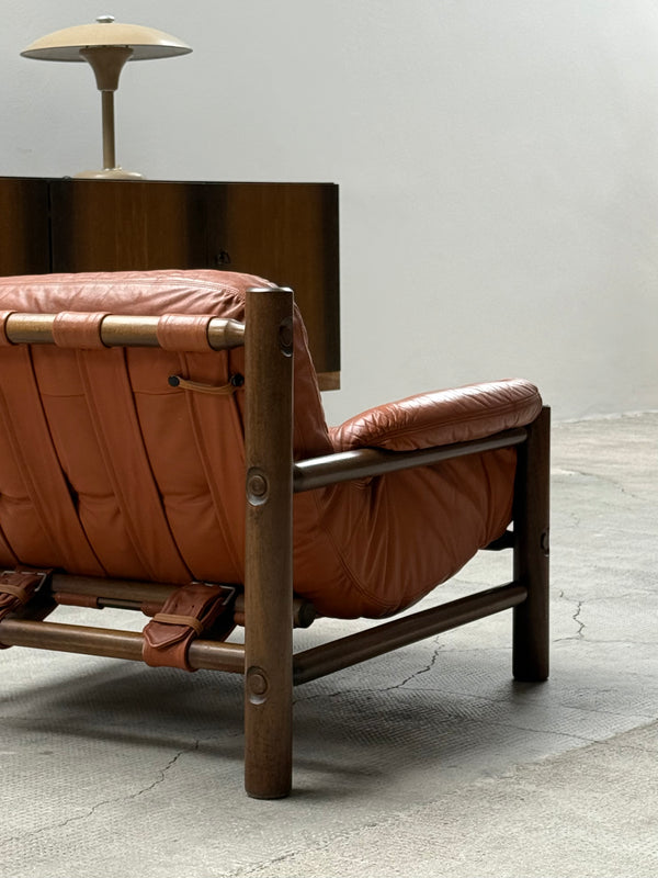 SEATING GROUP - ARMCHAIR & 2 SOFAS LEATHER, OAK WOOD, BRAZIL 1970s