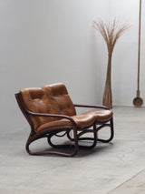 IKEA „BADEN“ BAMBOO LEATHER SEATING ENSEMBLE 2 ARMCHAIRS & SOFA, SWEDEN 1970s