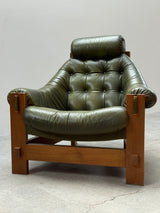 SET OF 2 GRAFTON EVEREST ARMCHAIRS OAK & GREEN LEATHER, SOUTH AFRICA 1970s