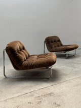 BROWN SUEDE & CANVAS LOUNGE CHAIRS IN CHROMED STEEL FRAME & COFFEE TABLE, 1960s