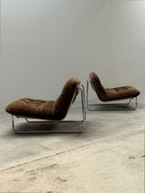BROWN SUEDE & CANVAS LOUNGE CHAIRS IN CHROMED STEEL FRAME & COFFEE TABLE, 1960s
