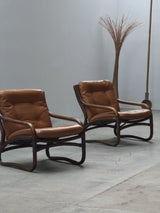 IKEA „BADEN“ BAMBOO LEATHER SEATING ENSEMBLE 2 ARMCHAIRS & SOFA, SWEDEN 1970s