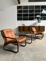 IKEA „BADEN“ BAMBOO COGNAC LEATHER SEATING GROUP 2 ARMCHAIRS, SOFA & COFFEE TABLE, SWEDEN 1970s