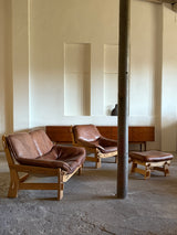 MAISON REGAIN ARMCHAIR, 2-SEATER & OTTOMAN SET LEATHER OAK WOOD, FRANCE 1960s