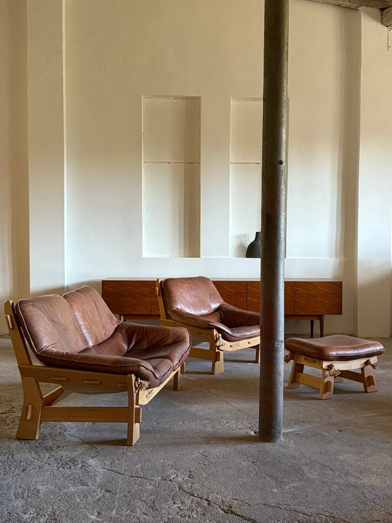 MAISON REGAIN ARMCHAIR, 2-SEATER & OTTOMAN SET LEATHER OAK WOOD, FRANCE 1960s