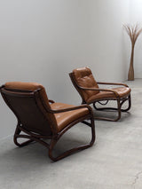 IKEA „BADEN“ BAMBOO LEATHER SEATING ENSEMBLE 2 ARMCHAIRS & SOFA, SWEDEN 1970s