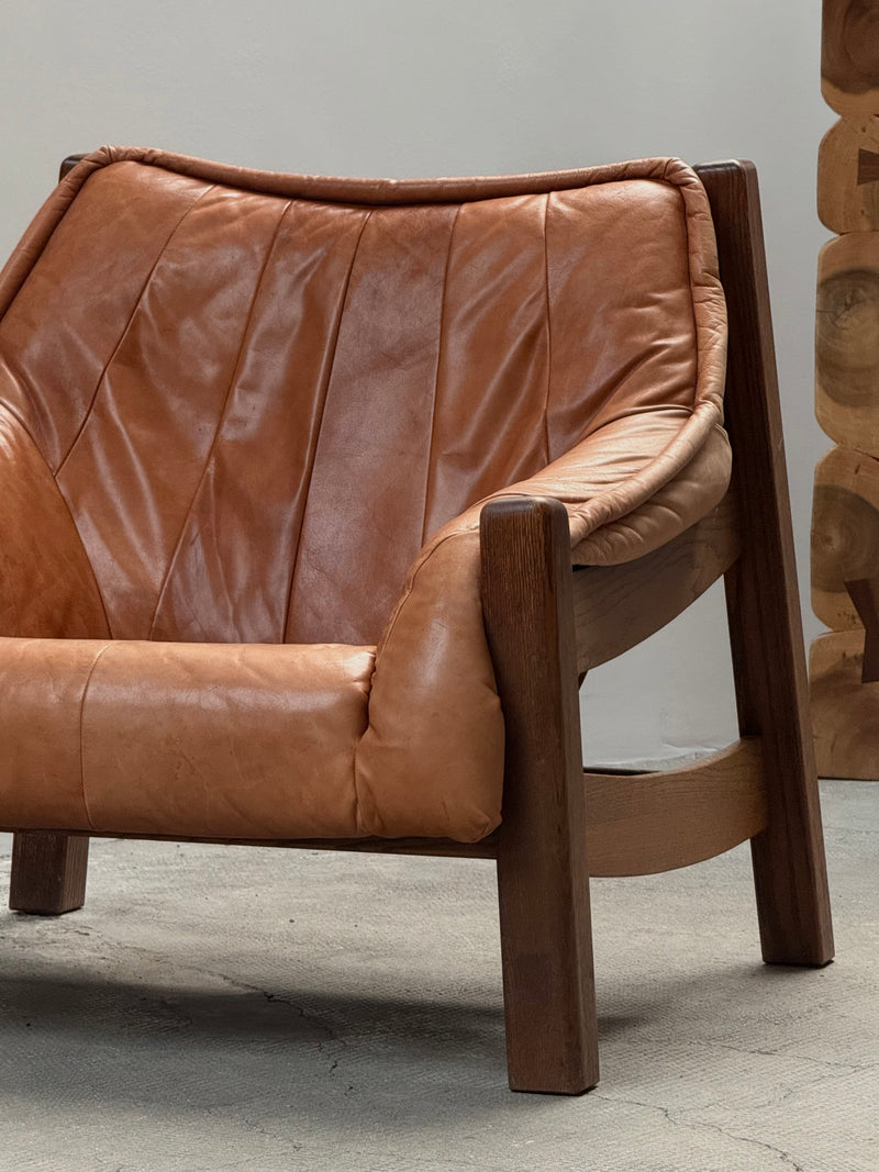BRAZILIAN DESIGN ARMCHAIR & SOFA  OAK WOOD CAMEL LEATHER, 1970s