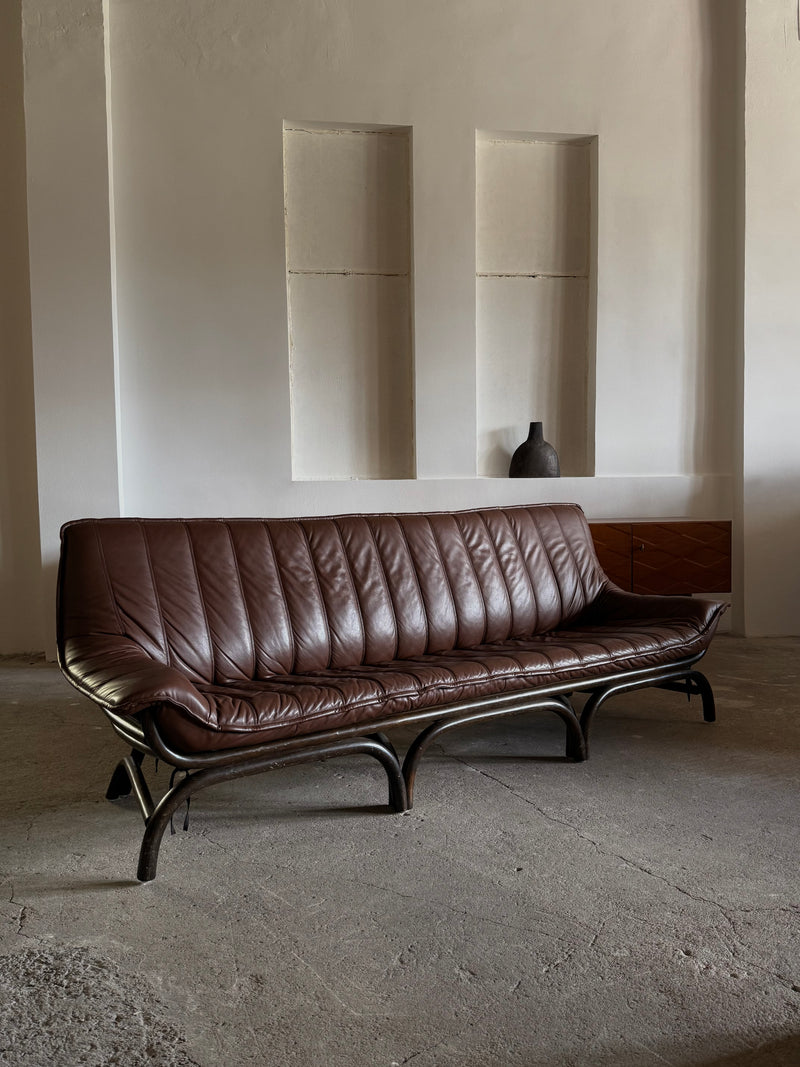LARGE BAMBOO SOFA BROWN LEATHER 250cm, ITALY 1970s