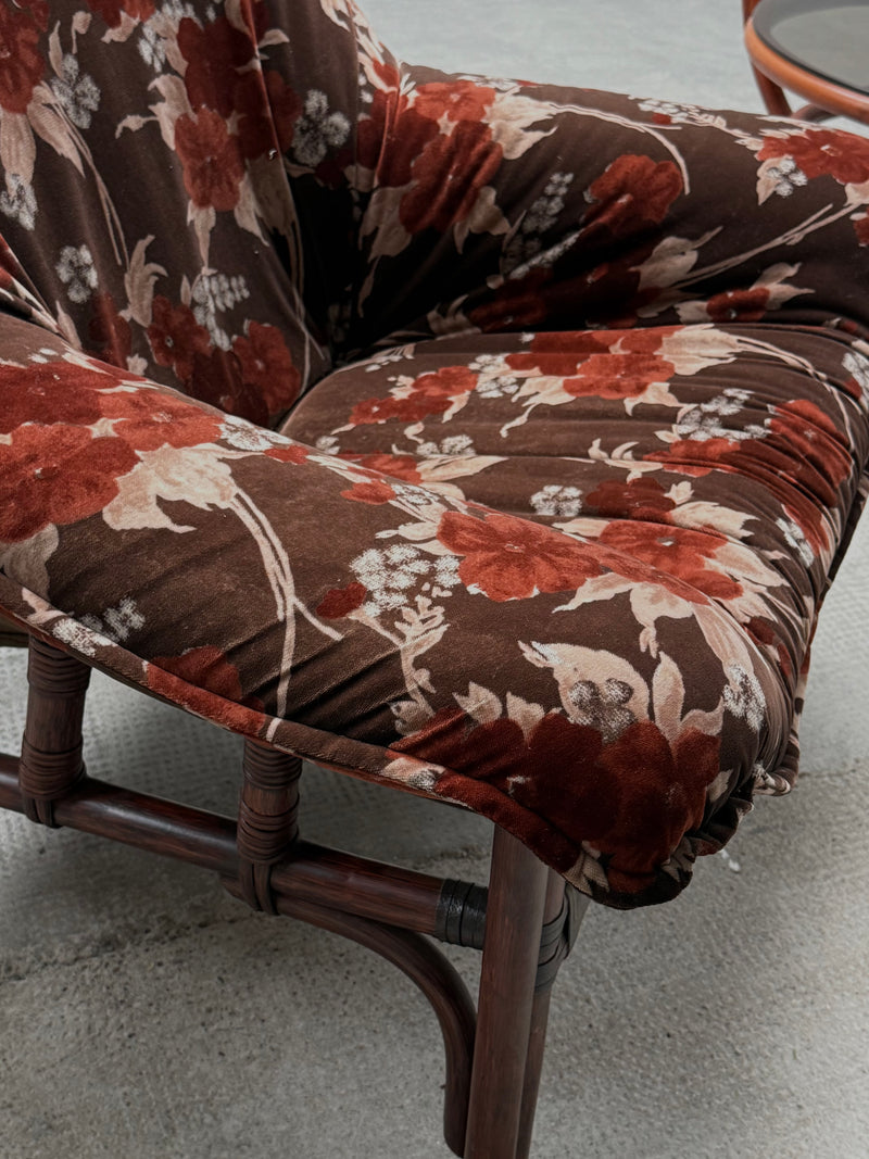 SET OF 2 BAMBOO CHAIRS WITH FLORAL PATTERN & COFFEE TABLE, ITALY 1970s