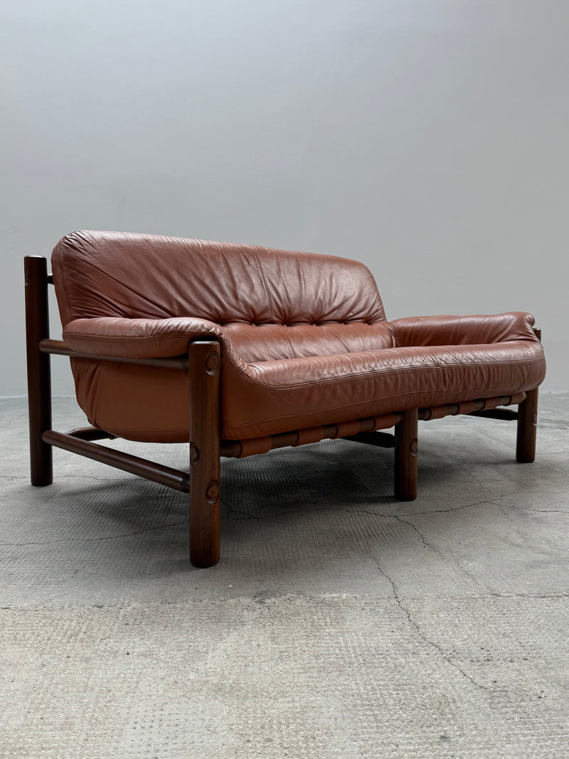 BRAZILIAN 2-SEATER SOFA LEATHER OAK, 1970S