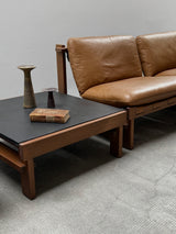 CARL STRAUB MODULAR SEATING GROUP ARMCHAIR COFFEE TABLE IM SOLID PINE WOOD, COGNAC LEATHER, GERMANY 1960s