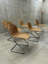 SET OF 6 RATTAN CANE CANTILEVER CHAIRS WITH CHROMED TUBULAR STEEL FRAME, ITALY 1970s