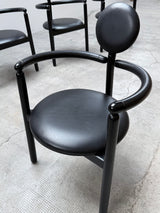 4 VICO MAGISTRETTI „PAN“ CHAIRS FOR ROSENTHAL ASH WOOD & BLACK LEATHER, 1980s