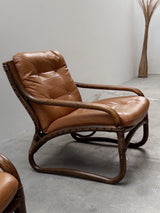 IKEA „BADEN“ BAMBOO LEATHER SEATING ENSEMBLE 2 ARMCHAIRS & SOFA, SWEDEN 1970s