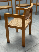 DERK JAN DE VRIES FOR MAISA DE SEVESO DINING TABLE & 4 CHAIRS SET ASH WOOD RATTAN, ITALY 1970S