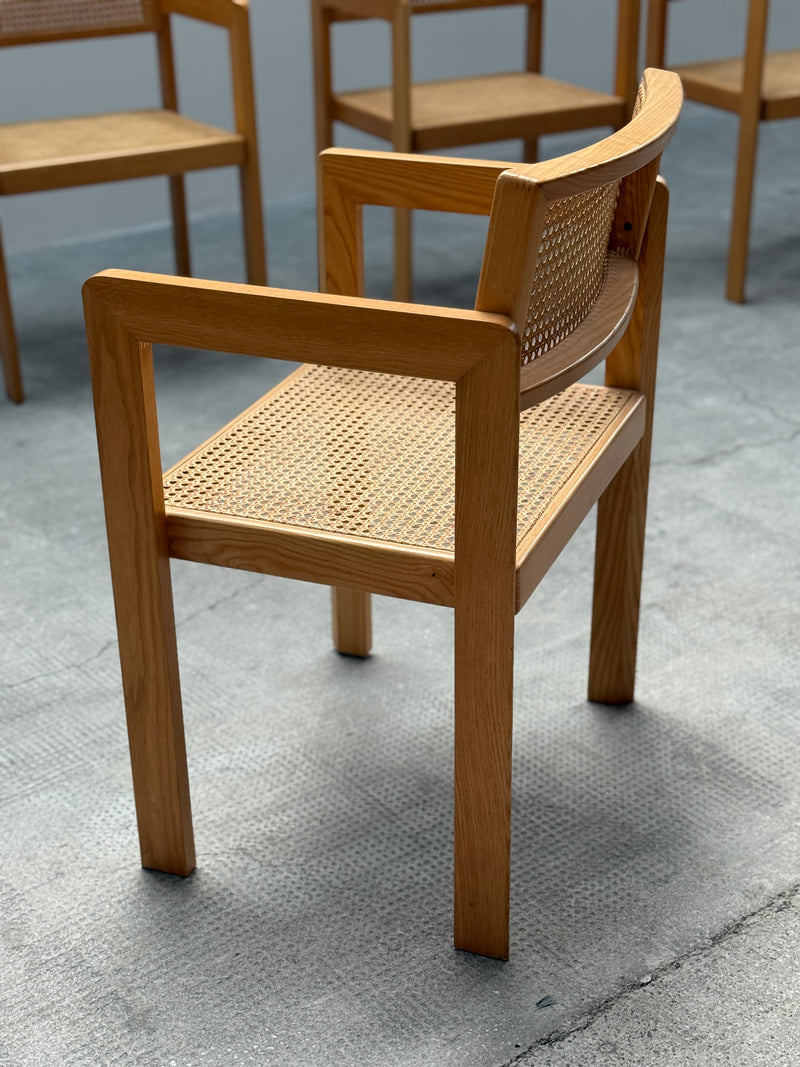 DERK JAN DE VRIES FOR MAISA DE SEVESO DINING TABLE & 4 CHAIRS SET ASH WOOD RATTAN, ITALY 1970S