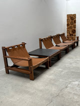 CARL STRAUB MODULAR SEATING GROUP ARMCHAIR COFFEE TABLE IM SOLID PINE WOOD, COGNAC LEATHER, GERMANY 1960s