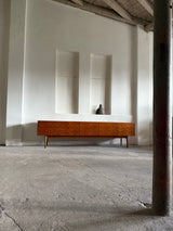 LARGE 3D ‚DIAMONDS‘ SIDEBOARD TEAK WOOD ANTHROPOSOPHIC LEGS 280cm, GERMANY 1960s