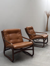 IKEA „BADEN“ BAMBOO LEATHER SEATING ENSEMBLE 2 ARMCHAIRS & SOFA, SWEDEN 1970s