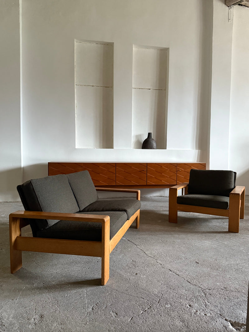 CARL STRAUB ARMCHAIR & 2-SEATER SOFA SET ASH WOOD, GERMANY 1960s
