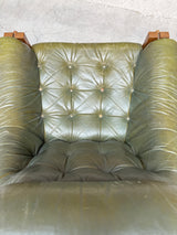 SET OF 2 GRAFTON EVEREST ARMCHAIRS OAK & GREEN LEATHER, SOUTH AFRICA 1970s
