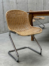 SET OF 6 RATTAN CANE CANTILEVER CHAIRS WITH CHROMED TUBULAR STEEL FRAME, ITALY 1970s