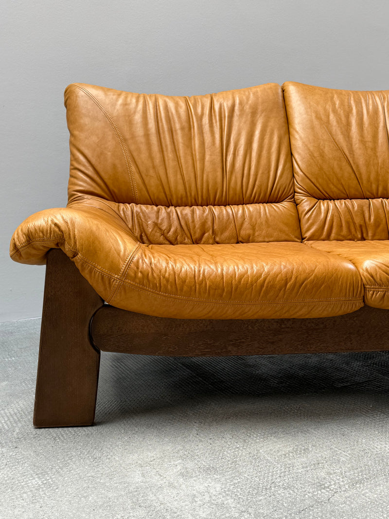 MAISON REGAIN LEATHER OAK ARMCHAIRS & SOFA, FRANCE 1970s