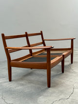WILHELM KNOLL TEAK WOOD LEATHER BLACK ARMCHAIRS & 2-SEATER SOFA, GERMANY 1960s
