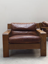 ROLF BENZ ‚RB5200’ ARMCHAIR & SOFA SET OAK WOOD BROWN LEATHER, GERMANY 1970s