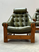 SET OF 2 GRAFTON EVEREST ARMCHAIRS OAK & GREEN LEATHER, SOUTH AFRICA 1970s