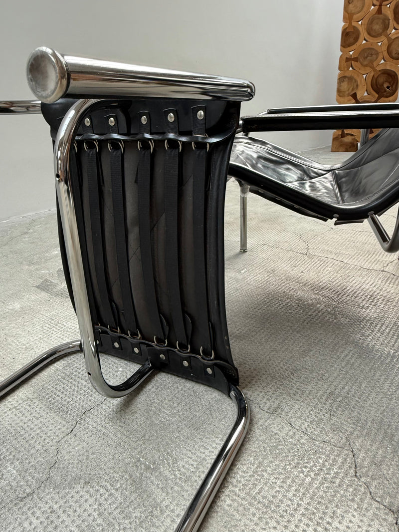 HANS EICHENBERGER FOR STRÄSSLE LOUNGE ARMCHAIR WITH STOOL LEATHER TUBULAR STEEL, SWITZERLAND 1970s