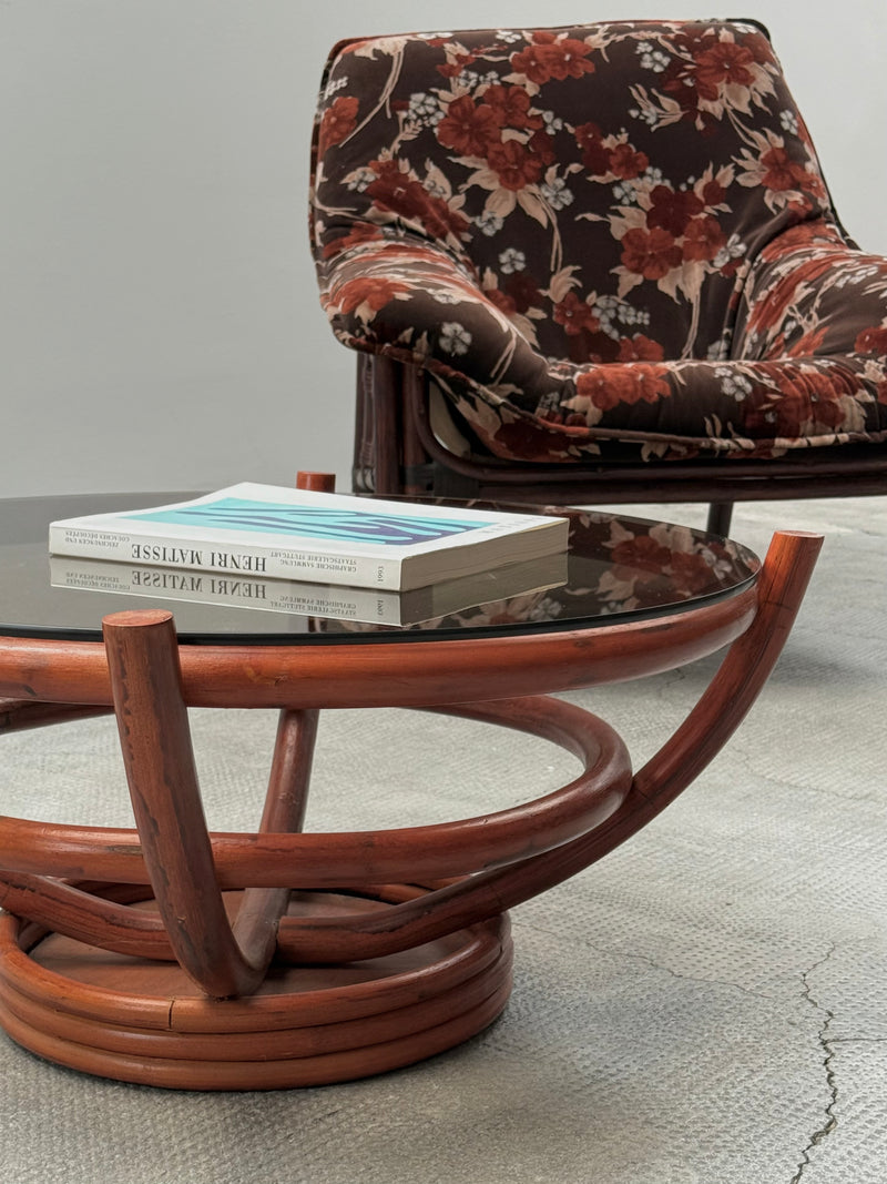 SET OF 2 BAMBOO CHAIRS WITH FLORAL PATTERN & COFFEE TABLE, ITALY 1970s