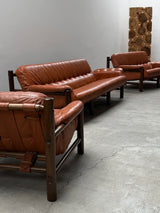 SEATING GROUP - ARMCHAIR & 2 SOFAS LEATHER, OAK WOOD, BRAZIL 1970s