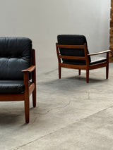 WILHELM KNOLL TEAK WOOD LEATHER BLACK ARMCHAIRS & 2-SEATER SOFA, GERMANY 1960s