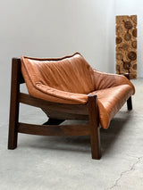BRAZILIAN DESIGN ARMCHAIR & SOFA  OAK WOOD CAMEL LEATHER, 1970s