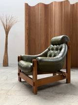 SET OF 2 GRAFTON EVEREST ARMCHAIRS OAK & GREEN LEATHER, SOUTH AFRICA 1970s