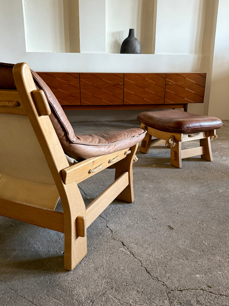 MAISON REGAIN ARMCHAIR, 2-SEATER & OTTOMAN SET LEATHER OAK WOOD, FRANCE 1960s