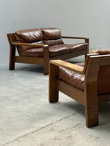 ROLF BENZ ‚RB5200’ ARMCHAIR & SOFA SET OAK WOOD BROWN LEATHER, GERMANY 1970s