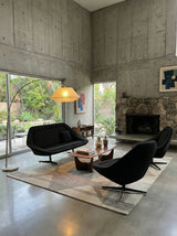 EXTRAORDINARY SEATING GROUP 2x SWIVEL CHAIR & 2-SEATER SOFA BLACK WOVEN FABRIC, 1960s