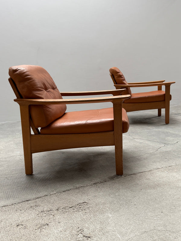 WILHELM KNOLL OAK WOOD COGNAC LEATHER ARMCHAIRS, GERMANY 1970s