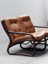 IKEA „BADEN“ BAMBOO LEATHER SEATING ENSEMBLE 2 ARMCHAIRS & SOFA, SWEDEN 1970s