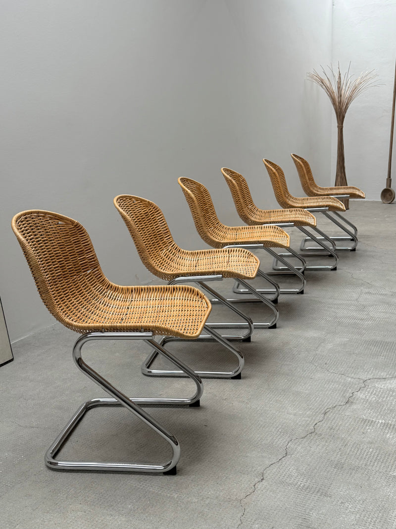 SET OF 6 GASTONE RINALDI RATTAN CANE CANTILEVER DINING CHAIRS WITH CHROMED TUBULAR STEEL FRAME, ITALY 1960s